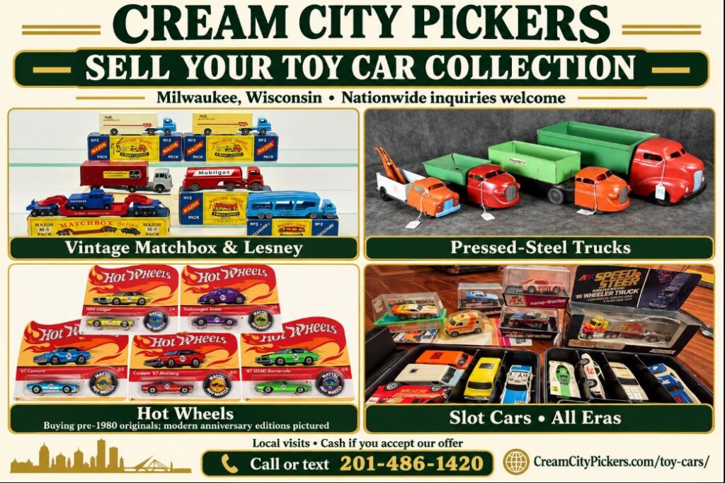 Cream City Pickers toy car buying advert featuring Matchbox trucks, Hot Wheels, pressed-steel trucks, and slot cars